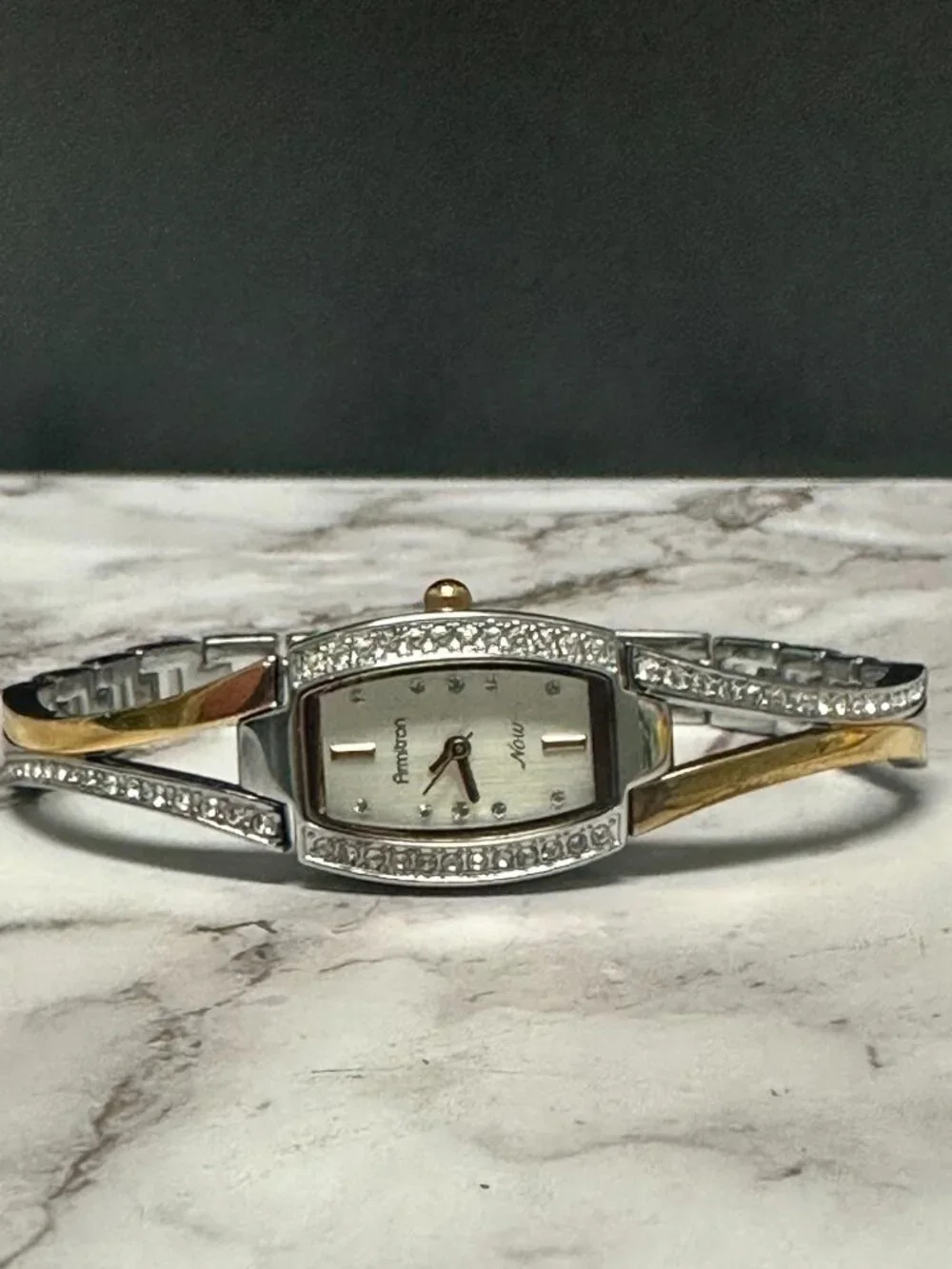 3/$30 Armitron Watch Women Silver Rose Gold Two Tone Crystal Bezel 7.5